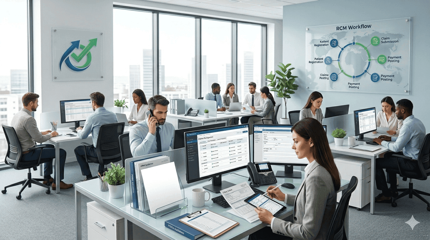 Medical billing professionals reviewing revenue metrics